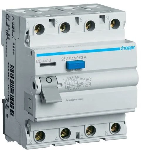 Srovės nuotekio relė Hager CD441J (AC, 40A, 4P, 30mA, 230V)