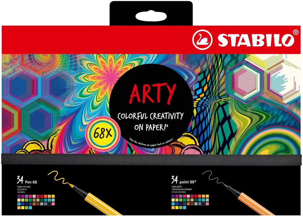 STABILO ARTY 68 vnt. plunksnakočių rinkinys su plunksnakočiu ir pluošto galiuku, įvairių spalvų