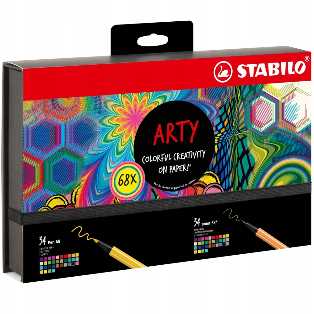 STABILO ARTY 68 vnt. plunksnakočių rinkinys su plunksnakočiu ir pluošto galiuku, įvairių spalvų