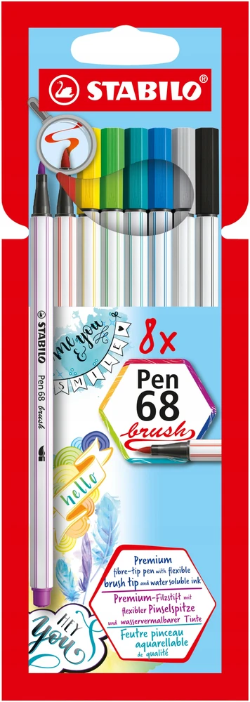 Stabilo Pen 68 rinkinys: 8 spalvų teptukiniai flomasteriai