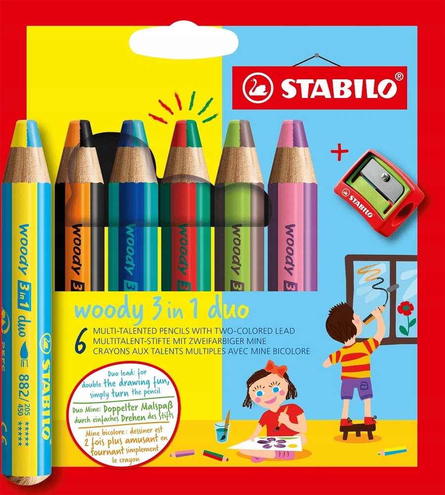 Stabilo Woody 3w1 Duo akvarelinės kreidelės su drožtuku