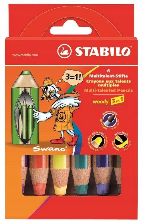 Stabilo Woody 3w1 kreidelės: pieštukas, akvarelinis, vaškas (6 spalvos)