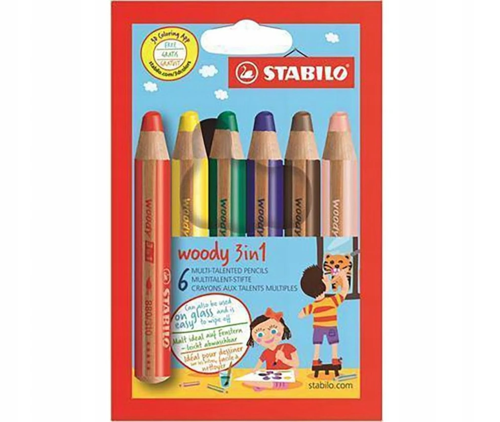 Stabilo Woody 3w1 kreidelės: pieštukas, akvarelinis, vaškas (6 spalvos)