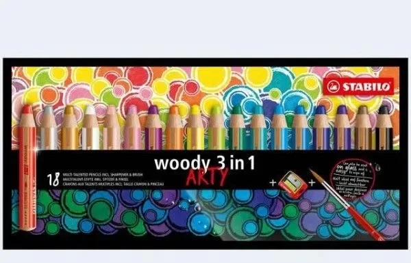 STABILO WOODY ARTY kreidelės su drožtuku, 18 spalvų