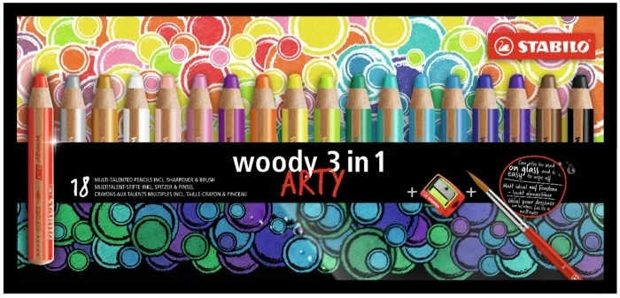 STABILO WOODY ARTY kreidelės su drožtuku, 18 spalvų