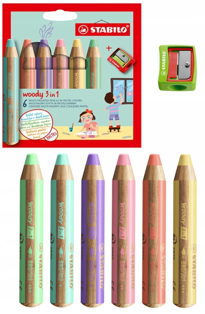 STABILO WOODY PASTEL kreidelės, storos, 6 spalvos + Woody galąstuvas