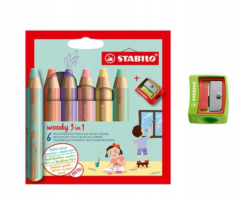 STABILO WOODY PASTEL kreidelės, storos, 6 spalvos + Woody galąstuvas