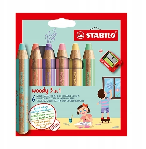 STABILO WOODY PASTEL kreidelės, storos, 6 spalvos + Woody galąstuvas