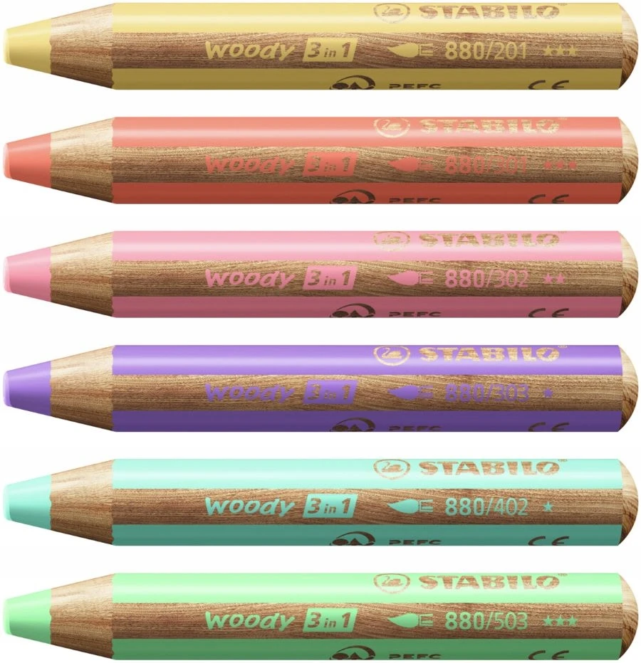 STABILO WOODY PASTEL kreidelės, storos, 6 spalvos + Woody galąstuvas