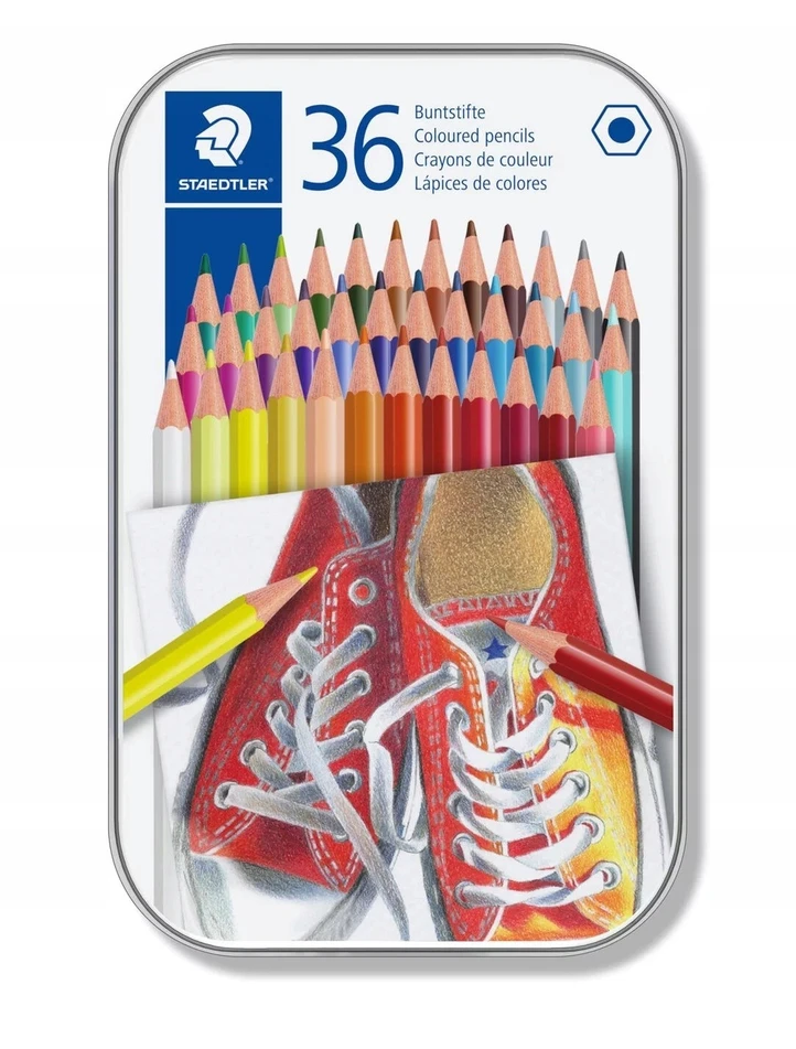 Spalvoti pieštukai STAEDTLER, šešiabriauniai, metalinėje dėžutėje, 36 vnt.