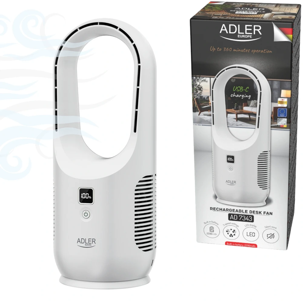 Ventiliatorius Adler Bladeless Rechargeable Fan | AD 7343 | Desk Fan | Diameter 14 cm | Greičių skaičius 3 | Baltas