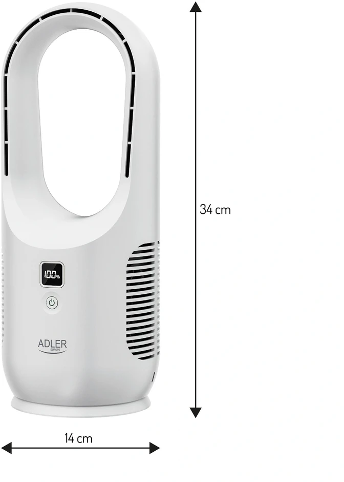 Ventiliatorius Adler Bladeless Rechargeable Fan | AD 7343 | Desk Fan | Diameter 14 cm | Greičių skaičius 3 | Baltas