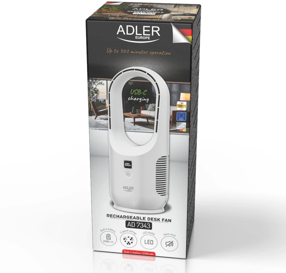 Ventiliatorius Adler Bladeless Rechargeable Fan | AD 7343 | Desk Fan | Diameter 14 cm | Greičių skaičius 3 | Baltas