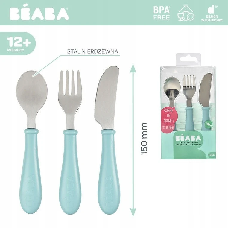 Beaba nerūdijančio plieno stalo įrankiai, 12 mėn. Spalva: airy green