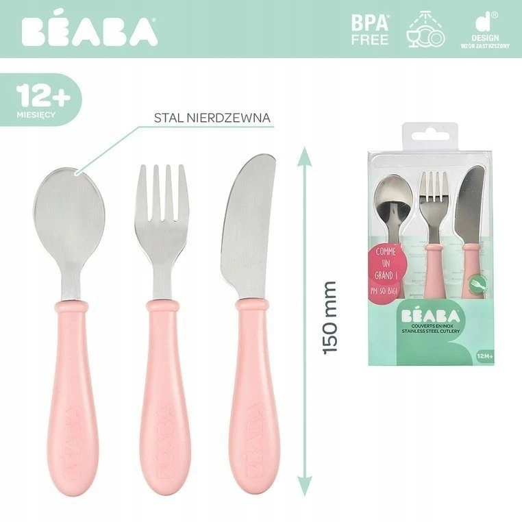 Beaba nerūdijančio plieno stalo įrankiai, 12 mėn. Spalva: old pink