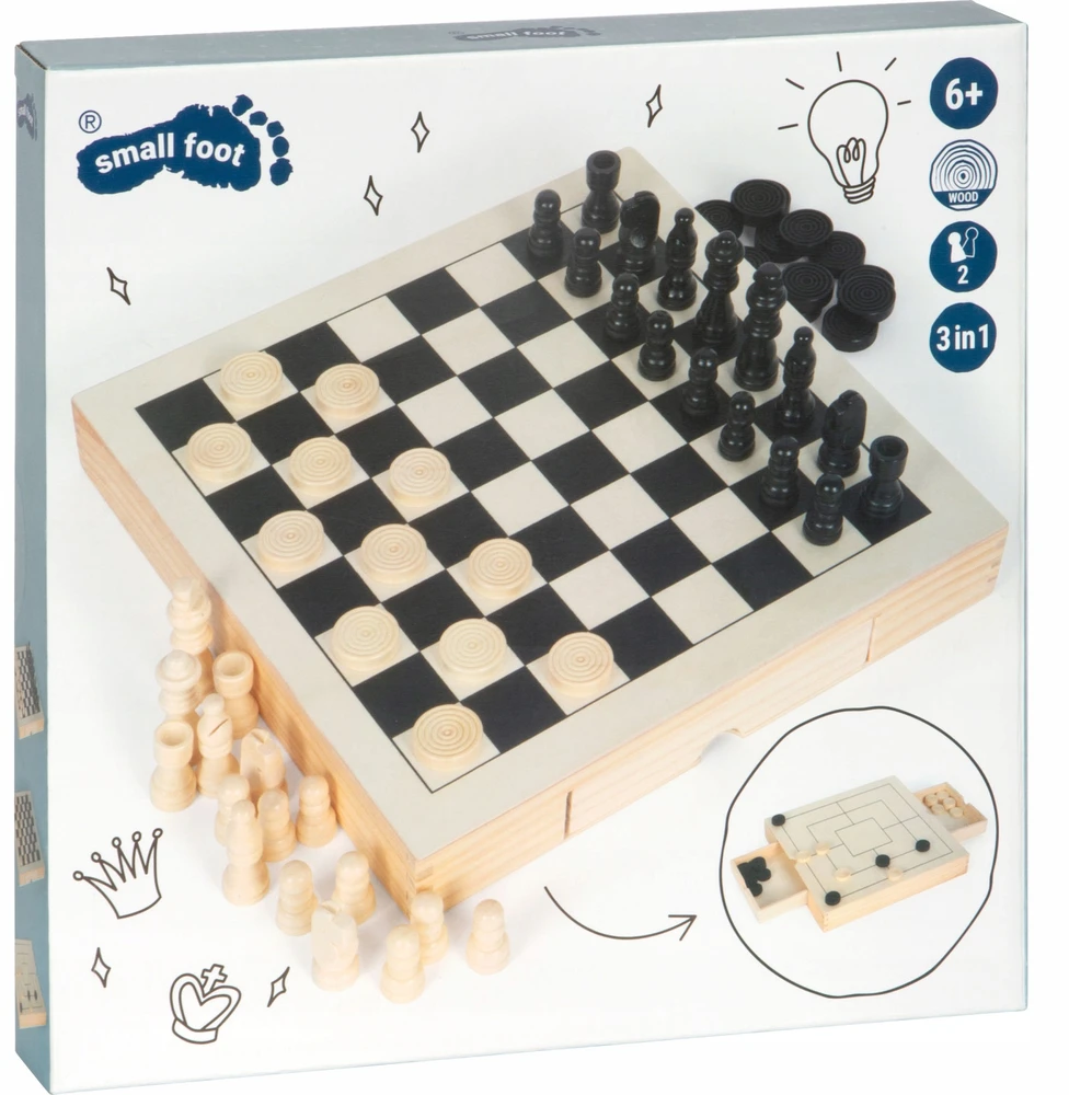 Small Foot Stalo žaidimų rinkinys 3 IN 1 (Draughts, Nine Men´s Morris, Šachmatai)