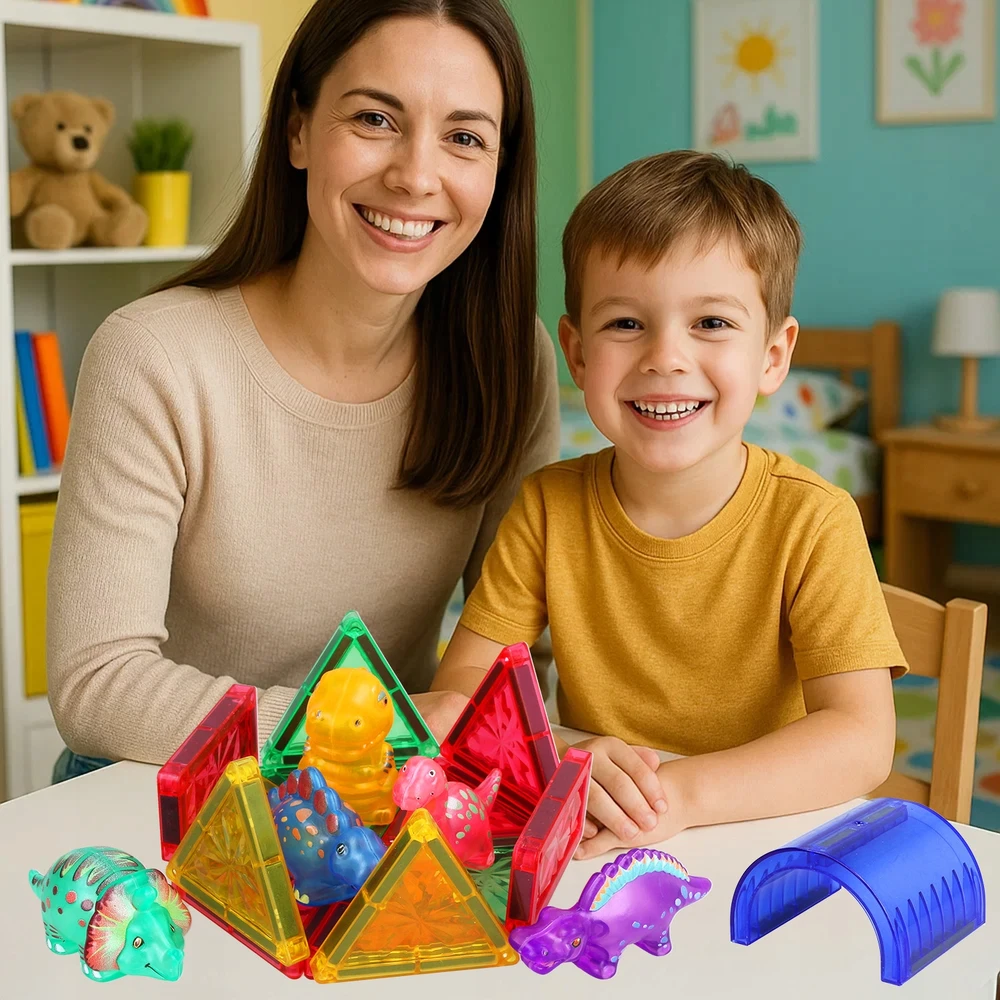 Stator 3D EDUKACINIAI MAGNETINIAI KONSTRUKCINIAI KLUOKAI DĖLĖS + DINOZAURAI 45 vnt.