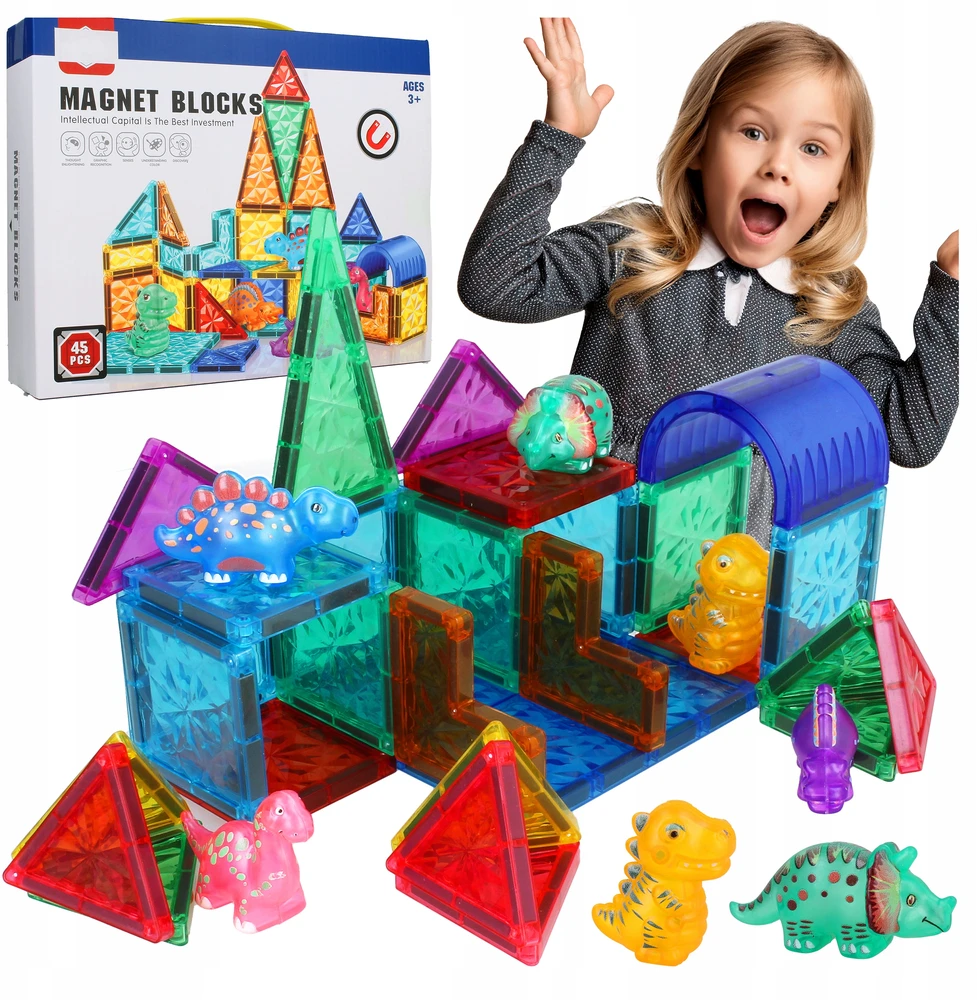 Stator 3D EDUKACINIAI MAGNETINIAI KONSTRUKCINIAI KLUOKAI DĖLĖS + DINOZAURAI 45 vnt.