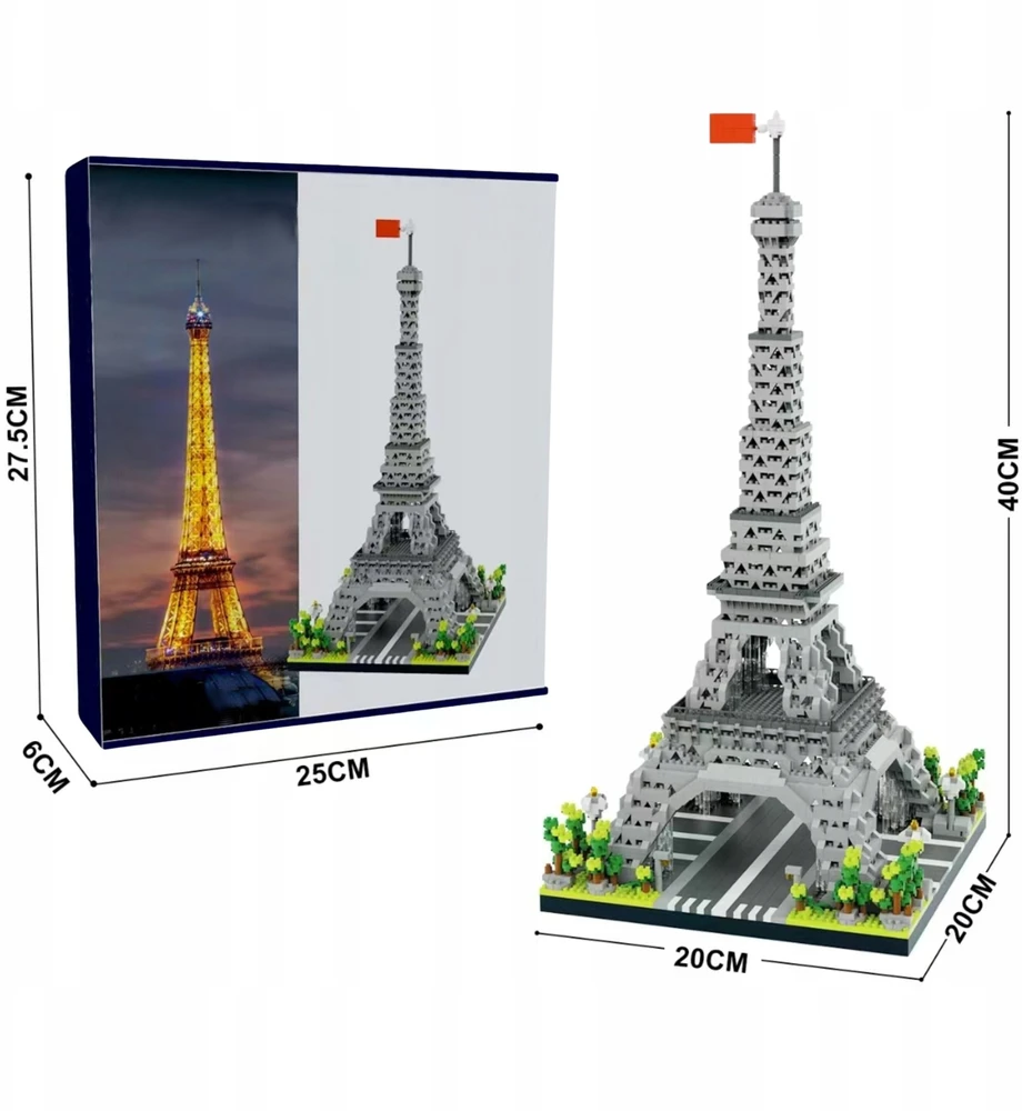 STATYBINIAI BLOKAI EIFELIO BOKŠTAS PARYŽIAUS ARCHITEKTŪRA XXL 40 CM PASTATAS 8+
