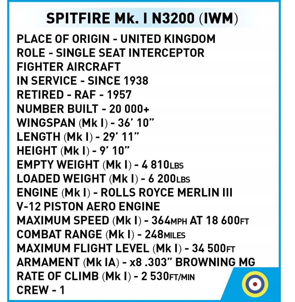 Statybinis žaidimas - COBI - Spitfire Mk. I N3200 - Kamufliažas - 146 elementai - Pagaminta ES