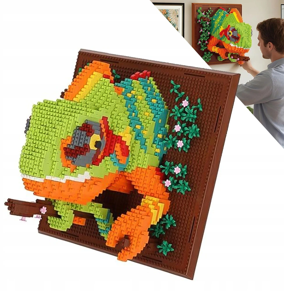 STATYBINIŲ KLALŲ RINKINYS, 3D SIENŲ DAILĖ, CHAMELEONAS, STATYBINIS ŽAISLAS