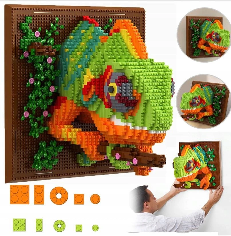 STATYBINIŲ KLALŲ RINKINYS, 3D SIENŲ DAILĖ, CHAMELEONAS, STATYBINIS ŽAISLAS