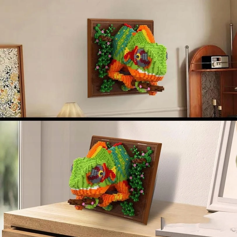 STATYBINIŲ KLALŲ RINKINYS, 3D SIENŲ DAILĖ, CHAMELEONAS, STATYBINIS ŽAISLAS