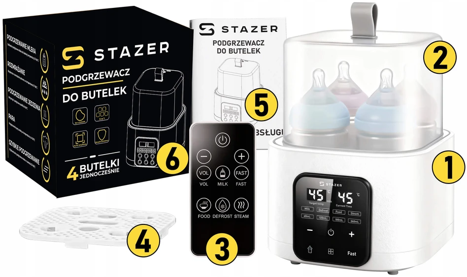 Stazer Šildytuvas ir sterilizatorius pieno buteliams, 6 viename, 4 buteliai
