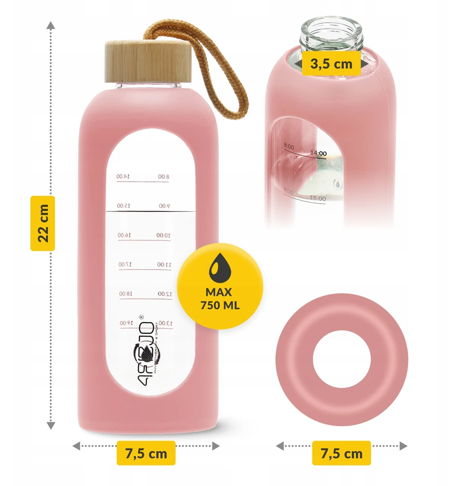 Stiklinė gertuvė 4FIZJO 750 ml, rožinė, vandens butelis, sportinė gertuvė, su dėklu, treniruotėms, kasdieniam naudojimui
