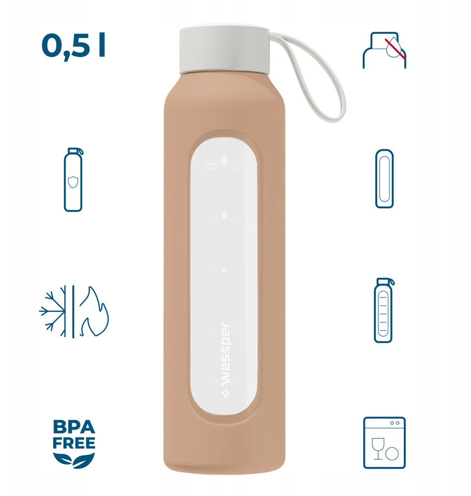 Gertuvė Stiklinis butelis bidonas 500ml nepralaidus sportinis vandens butelis Wessper B1