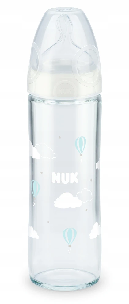 Stiklinis buteliukas su silikono žinduku NUK First Choice + New Classic, 240 ml, 0-6 mėn.