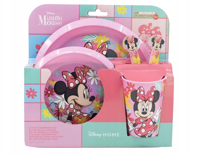 Stor Minnie Mouse 5 dalių vaikiškas pietų rinkinys - lėkštė, dubuo, puodelis ir stalo įrankiai