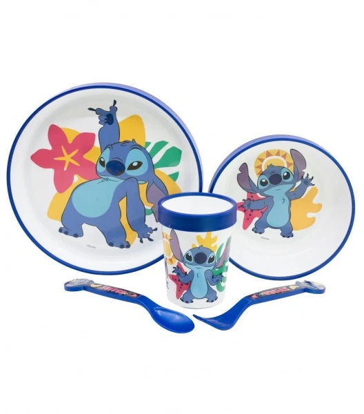 Stor Disney Stitch - Neslystančių indų rinkinys mikrobangų krosnelei, 5 vnt. (lėkštė, dubuo, puodelis, šakutė, arbatinis šaukštelis)