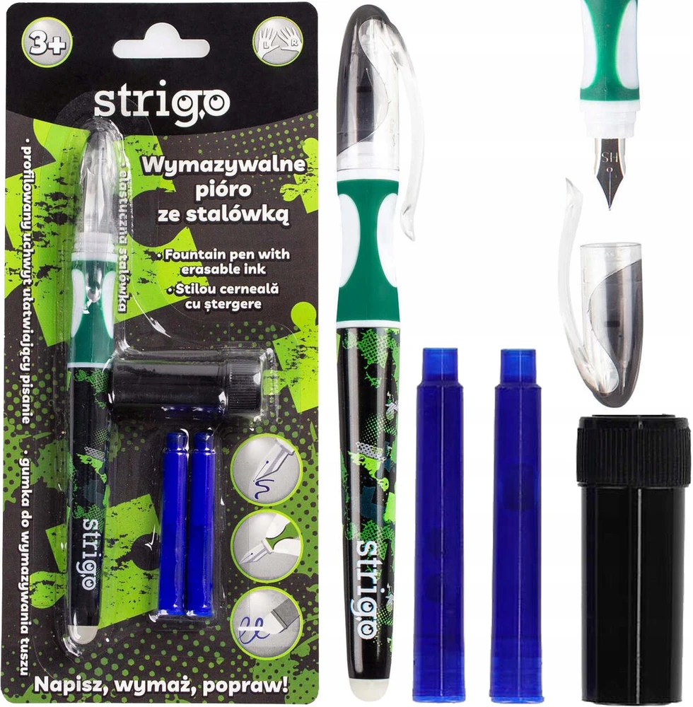 STRIGO PEN tušinukas, skirtas išmokti RAŠYTI Ištrinamas trinamas Žalias