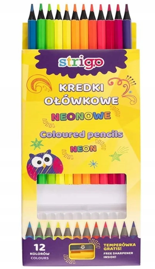 "Strigo" šešiakampiai neoniniai pieštukai juoda mediena 12 spalvų