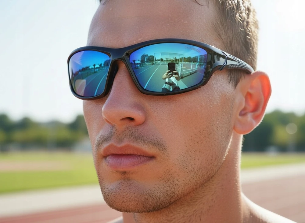 Stylion Vyriški sportiniai poliarizuoti akiniai nuo saulės UV 400, mėlyni veidrodiniai SPD122LA