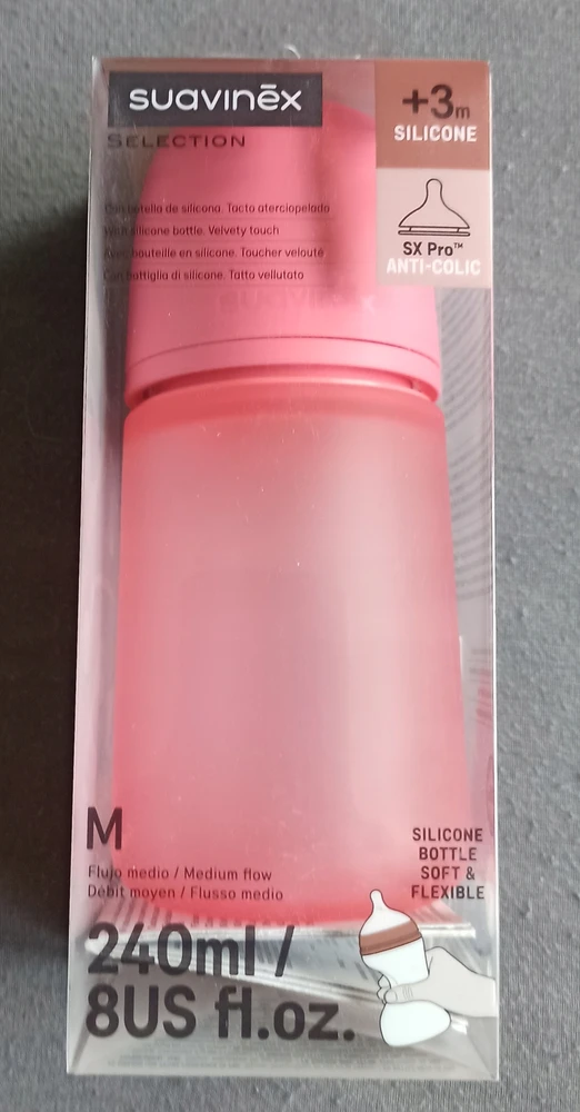 Suavenix Suavinex silikoninis buteliukas 240 ml su SX Pro speneliu, 3m+, fuksijos spalvos