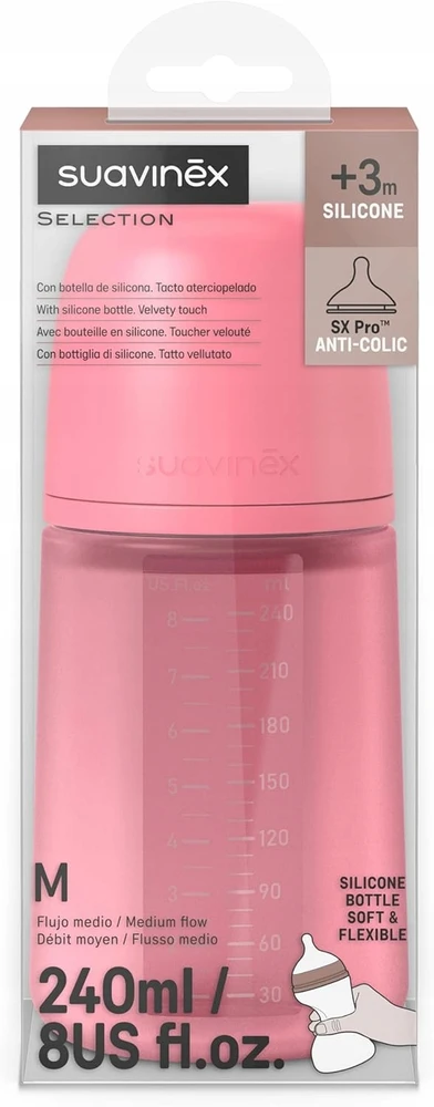 Suavenix Suavinex silikoninis buteliukas 240 ml su SX Pro speneliu, 3m+, fuksijos spalvos