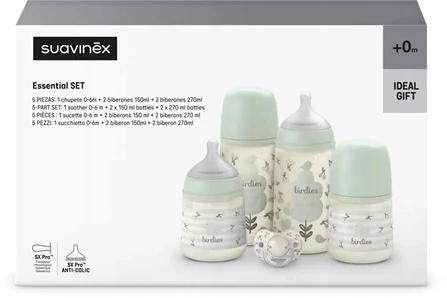 SUAVINEX BIRDIES - rinkinys naujagimiui (4x buteliukas, čiulptukas) žalias, 3m+