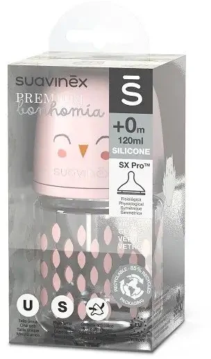 SUAVINEX BONHOMIA - 1x fiziologinis buteliukas, stiklinis, rožinis, 120 ml, 0m+