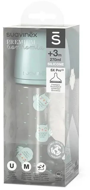 SUAVINEX BONHOMIA - 1x fiziologinis buteliukas, plastikinis, žalias, 270 ml, 3m+