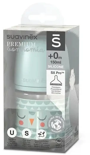 SUAVINEX BONHOMIA - 1x fiziologinis buteliukas, plastikinis, žalias, 150 ml, 0m+