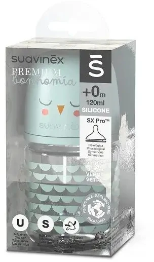 SUAVINEX BONHOMIA - 1x fiziologinis buteliukas, stiklinis, žalias, 120 ml, 0m+