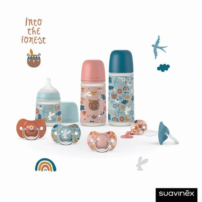 SUAVINEX FOREST - buteliukas, neišsiliejantis plastikinis puodelis, 200ml, 6m+ (mėlyna)