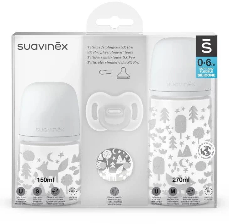 SUAVINEX SET BUTELĖS 150 ML + 270 ML + RAMINANTIS TAC + KLIPAS