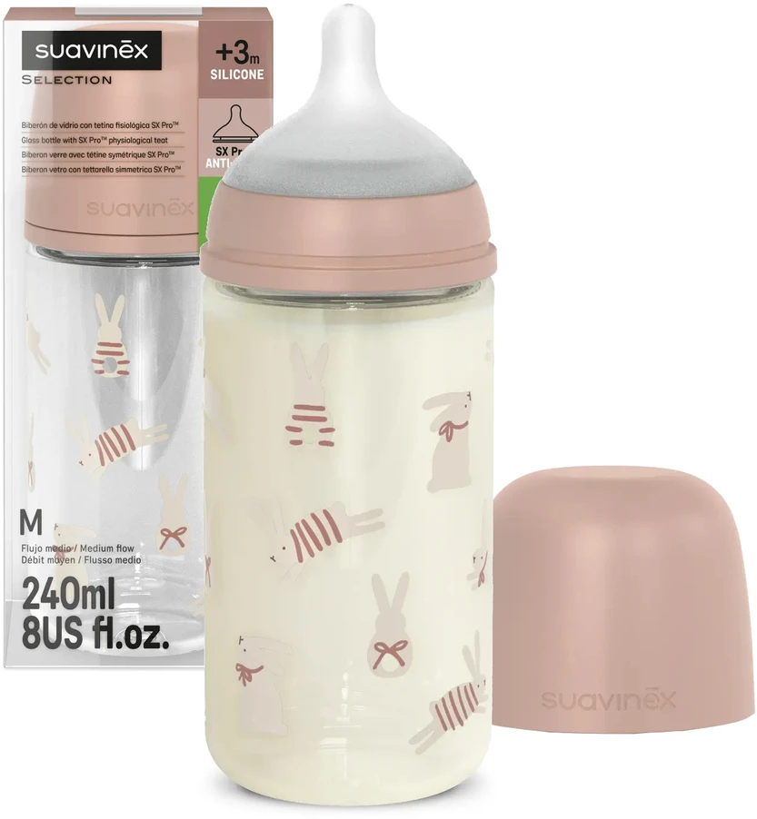 Suavinex stiklinis buteliukas nuo pilvo dieglių SX Pro 240 ml vidutinio srauto M 3m+