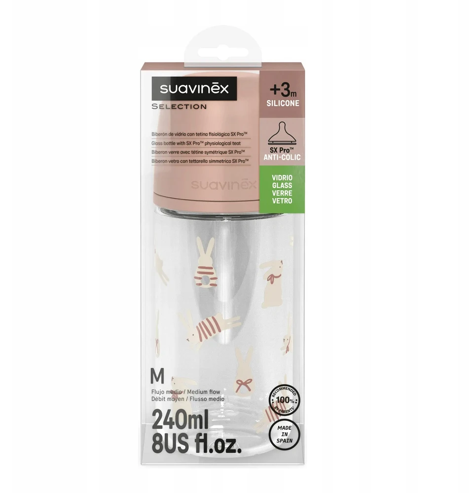 Suavinex stiklinis buteliukas nuo pilvo dieglių SX Pro 240 ml vidutinio srauto M 3m+