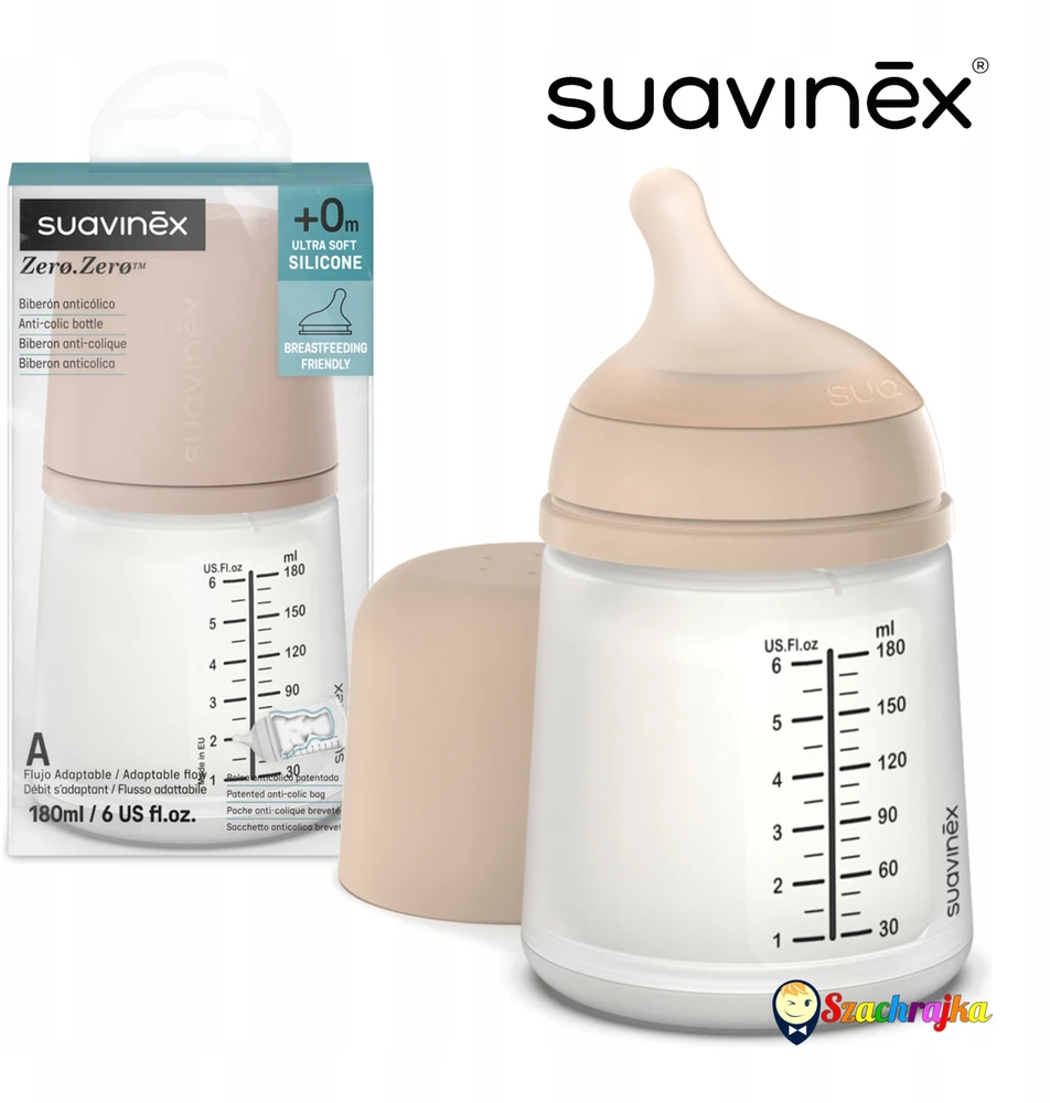 SUAVINEX ZERO ZERO ANTI-COLIC BUTELIUKAS SU REGULIUOJAMOS SROVĖS ŽINDUKU, 180 ML, NUO +0 MĖN., LIGHT