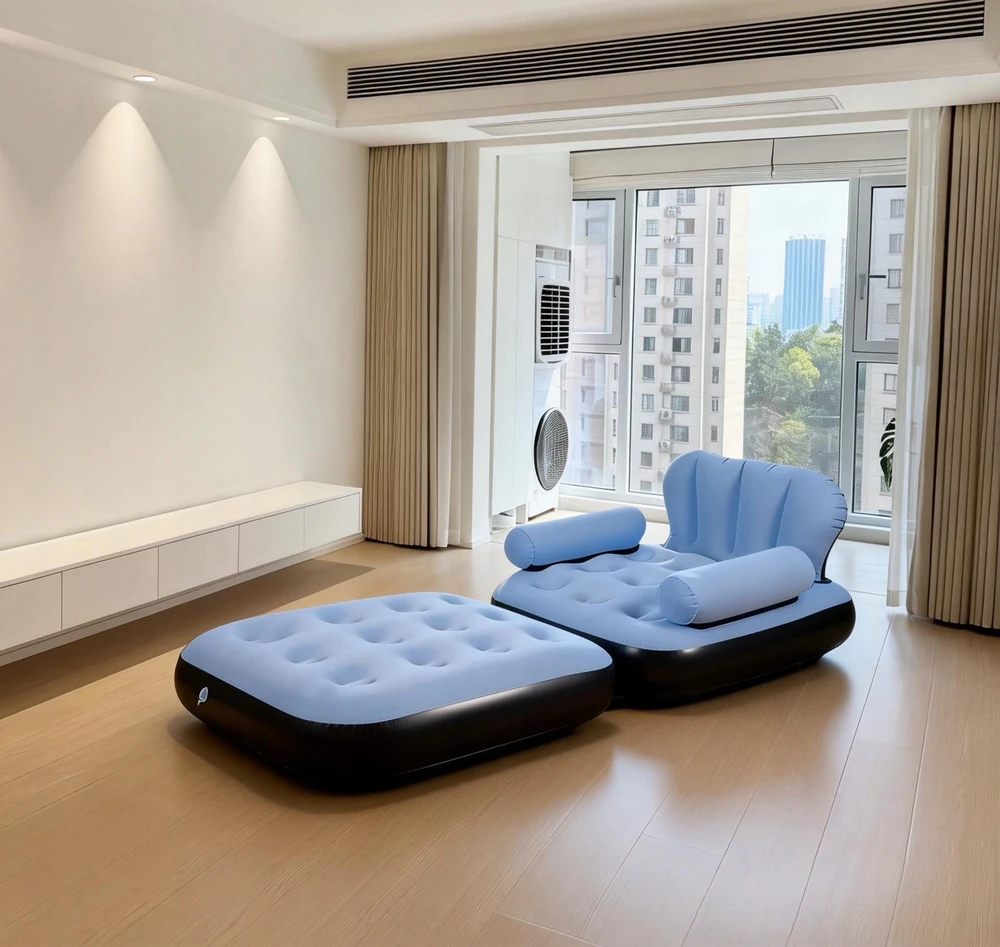 Sulankstoma pripučiama sofa su kojiniu pompa.