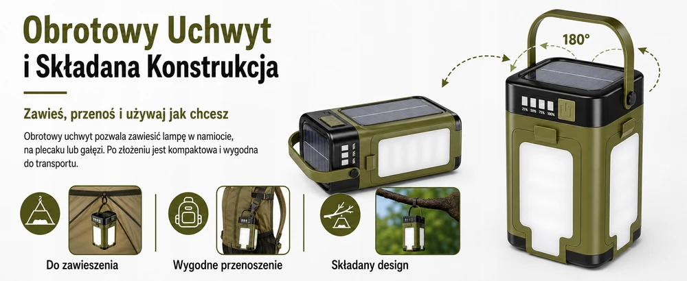 Sulankstomas kempingo žibintuvėlis, atsparus vandeniui 4000 mAh LED saulės USB 6 režimai